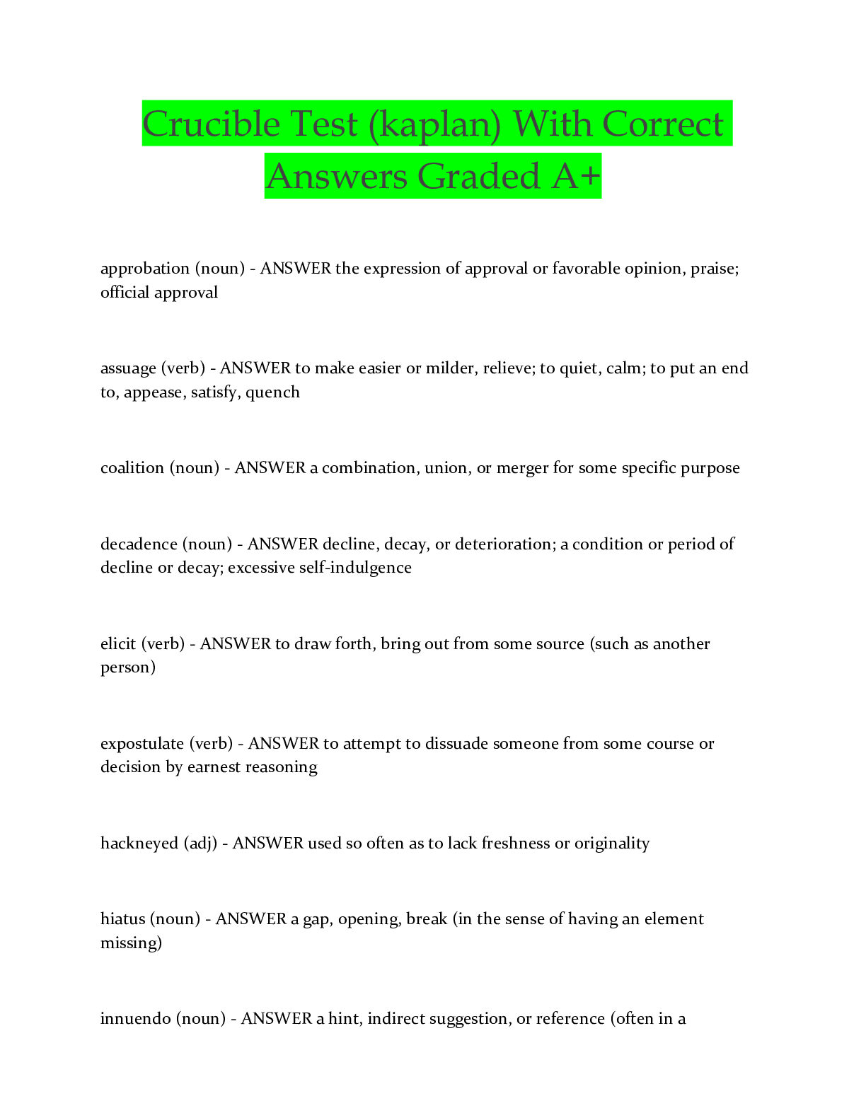 Preview image for Crucible Test (kaplan) With Correct Answers Graded A+